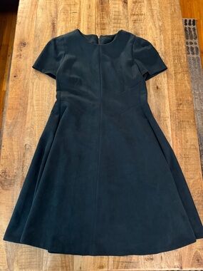 Calvin Klein Short Sleeve Fit & Flare Midi A line Dress in Dark Green faux suede